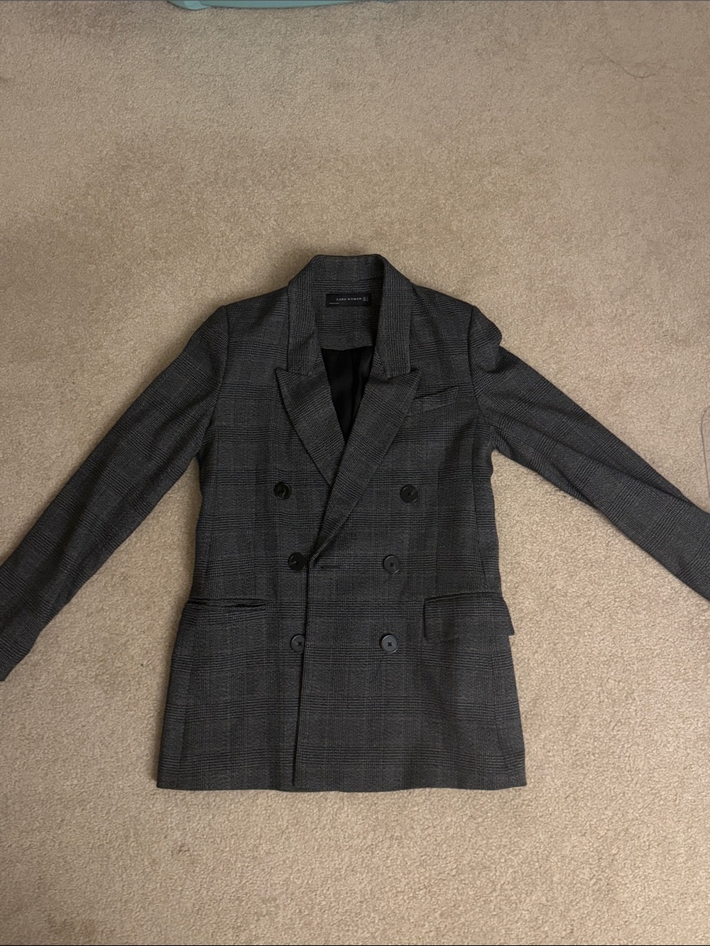 ZARA women’s Double-Breasted Charcoal Plaid Blazer